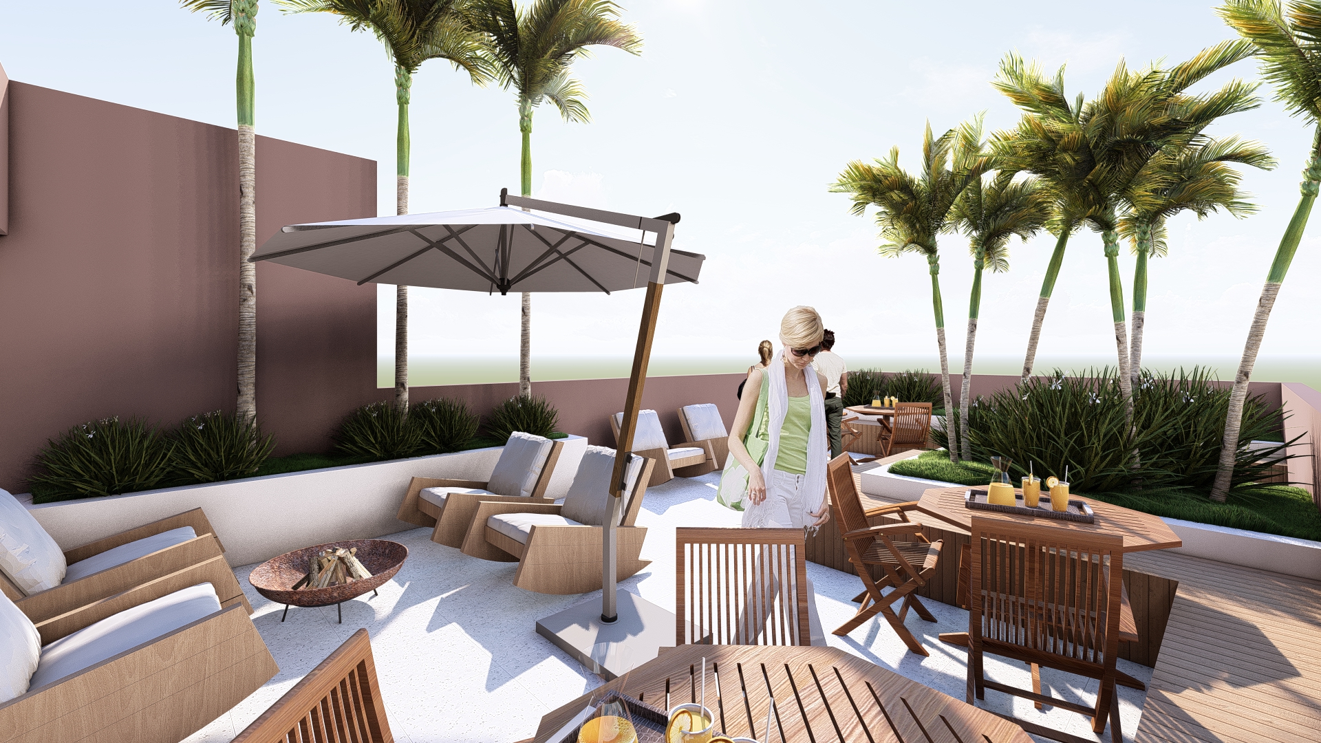 Rooftop do Exclusive Vila Ré com lounge, ombrelone e fire pit