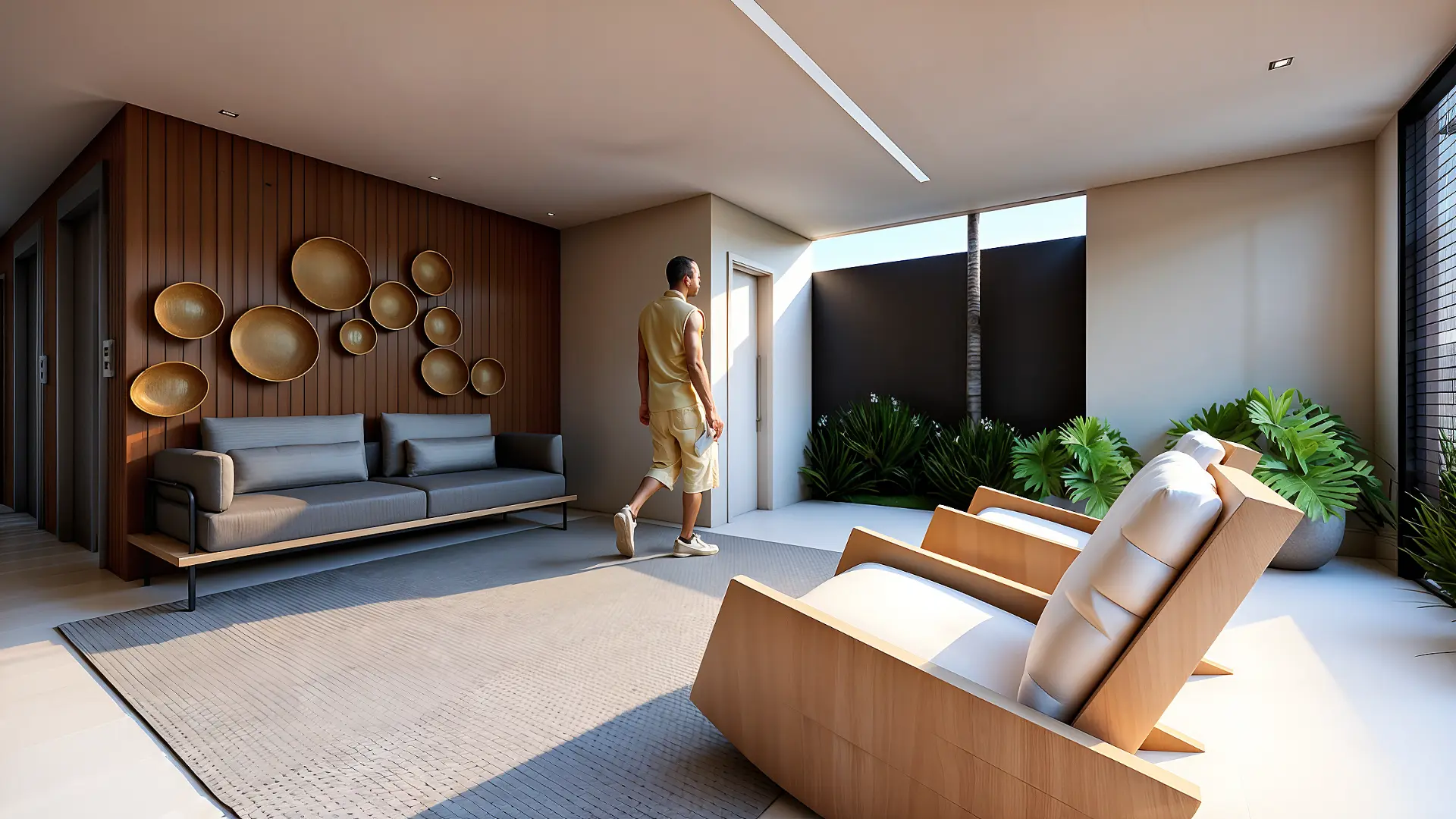 Hall de entrada do Exclusive Vila Ré com lounge e jardim interno